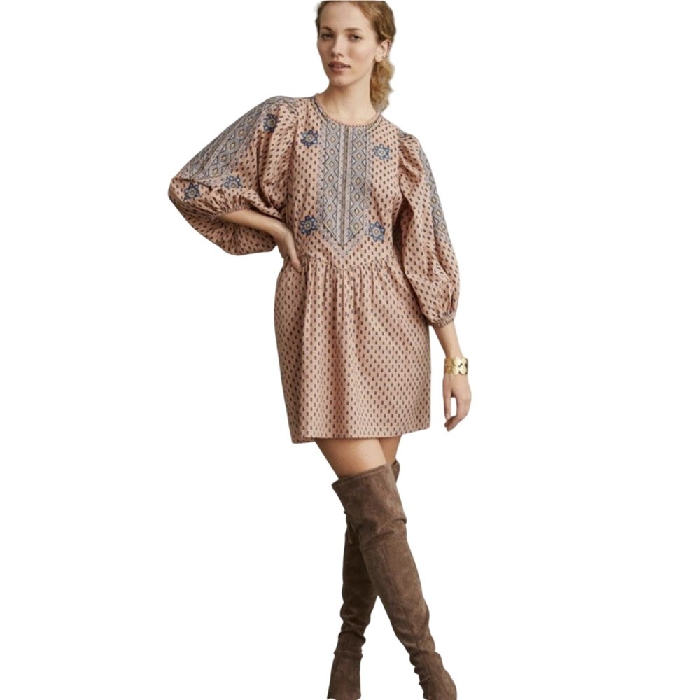 Anthropologie Mini Dress Women Pink Embroidered Balloon Sleeve‎ Boho Size M